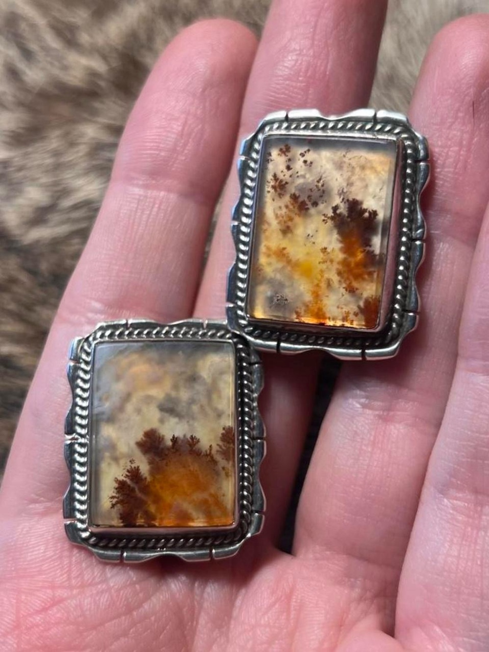 Sterling silver Native American (?) Moss/Dendritic jasper clip on earrings